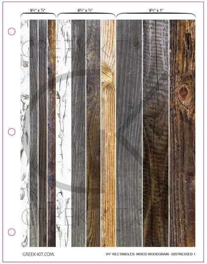 9.5-inch rectangles woodgrain pattern matte-finish sticker page for film and TV greeking — pre-cleared and licensed for on-screen use